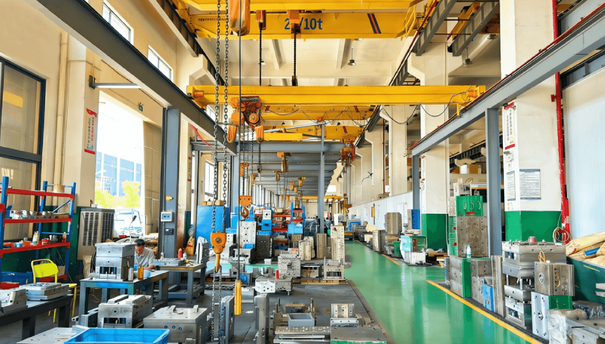 Wide tooling hall with overhead cranes and injection molds at a manufacturing partner facility in China