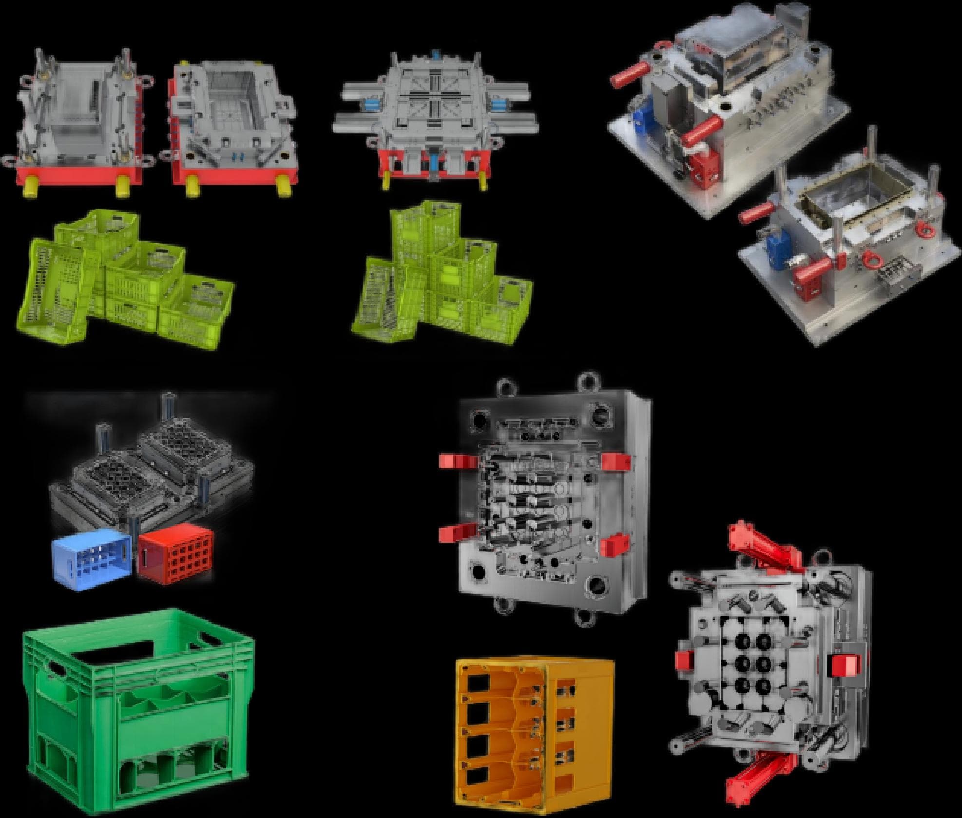 Plastic crate and pallet injection molds with representative products